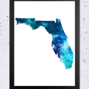 Florida kaart print, Florida silhouet print, aquarel blauw, cyaan, turkoois, moderne muurkunst Home Office decor kinderkamer, reiscadeau, DIY