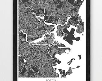 Boston Map Print, Boston Poster Print, Boston Massachusetts Urban Street City Map, Dark Gray, Modern Home Room Wall Office Printable Art