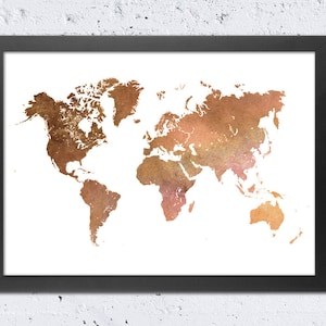 Weltkarte Print, Weltkarte Silhouette Kupfer texturierte druckbare Datei, Sepia gebürstetes Metall, moderne Wand Kunst Home Office Dekor Reise Geschenk DIY