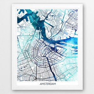 Amsterdam Karte Druck, Amsterdam Druck, Amsterdam Urban Stadt Straße Karte Poster, blau Aquarell Druck, Haus Wand Büro Kunst Dekor, printable