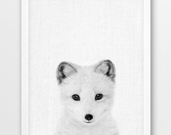 Nursery Decor, Nursery Wall Art, Polar Fox Print, Baby Polar Fox Print, Snow Winter Photo, Black White Baby Shower Gift, Cute Animals Print