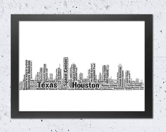 Houston Skyline Typografie Kunstdruck, Texas Stadtbild (Digitaler Download)