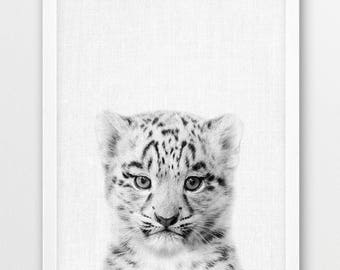 Snow Leopard Print, Cute Baby Leopard Cub Photo Print, Animals Black White Photography, Nursery Animals Wall Art, Kids Room Printable Decor