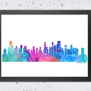 Impresión en acuarela del horizonte de Chicago, silueta a color del paisaje urbano de Chicago, textura en azul, verde, rosa, rojo y naranja, decoración moderna para el hogar, la pared y la oficina.