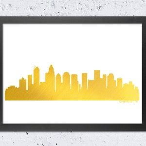 Impresión dorada del horizonte de Charlotte, impresión a color de la silueta del paisaje urbano de Charlotte, NC, metal dorado texturizado, decoración moderna para pared del hogar, oficina, habitación, regalo DIY