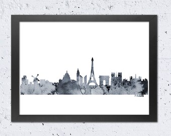 Paris Skyline Print, Paris France Silhouette Cityscape digital file print, Black White Grey, Modern Home Wall Office Travel Decor, DIY Art