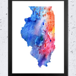 Impresión de mapa de Illinois, silueta de Illinois, impresión en acuarela, naranja, rojo, amarillo, azul, cian y rosa, arte de pared moderno, decoración para el hogar, regalo de viaje
