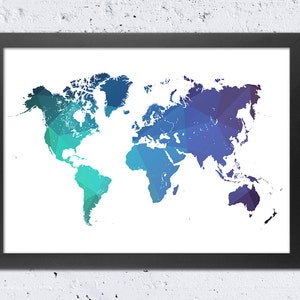 Fichier imprimable carte du monde, silhouette de carte du monde géométrique vert bleu violet couleurs, art mural moderne décoration de bureau à domicile cadeau de voyage impression bricolage