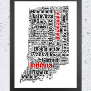 Indiana Karte Druck, Indiana typografischer Druck, Indiana Silhouette, Wörter Textkunst, schwarz weiß, Hauswand Büro Kinderzimmer Dekor, DIY Kunst
