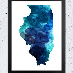 Impression de carte de l'Illinois, impression de la silhouette de l'Illinois, aquarelle bleu, cyan, turquoise, art mural moderne, bureau à domicile, chambre d'enfant, cadeau de voyage, bricolage