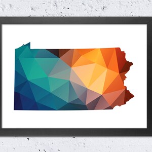 Impression de carte de Pennsylvanie, carte de la silhouette géométrique de Pennsylvanie, vert bleu orange mur moderne chambre chambre d'enfant bureau Art déco, cadeau de voyage bricolage