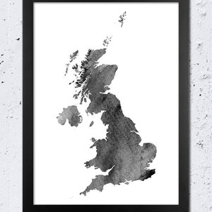 UK Karte, Vereinigtes Königreich Silhouette Karte Aquarell Schwarz Weiß Grau, Moderne Wand Kunst Geschenk für Zuhause, Geschenk zum Selbermachen