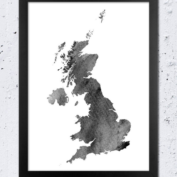 UK-Karte drucken, Vereinigtes Königreich Silhouette Karte Aquarell schwarz weiß grau, moderne Wand Kunst Home Kinderzimmer Dekor, Reise-Geschenk, DIY druckbare Datei