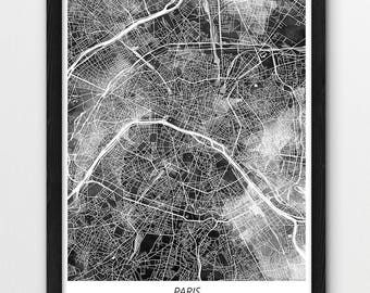 Paris Map Print, Paris Poster Print, Paris France Urban Street Map, Black Watercolor, Modern Home Wall Office Printable Art, Printable Decor