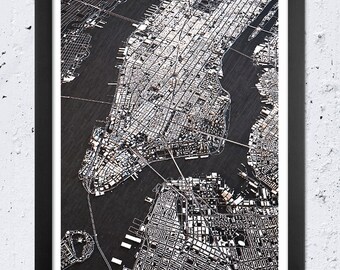 New York Print, New York 3D Map Poster Print, New York Digital Manhattan Print, Black Grey White, Home Nursery Room Wall Office Decor, DIY