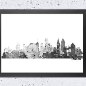 London Skyline Print, London UK Silhouette, Aquarell Druck, schwarz weiß grau Farben, modernes Haus Wand Büro Reise Dekor, printable Art