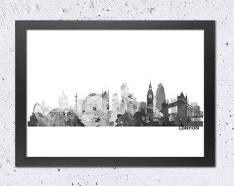London Skyline Watercolor Print, Black and White Silhouette (Digital Download)