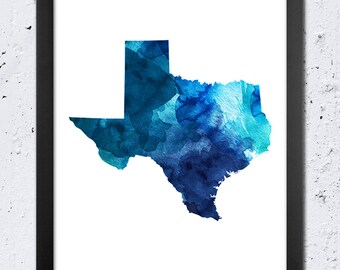 Watercolor Texas Map Print, Blue Turquoise Silhouette (Digital Download)