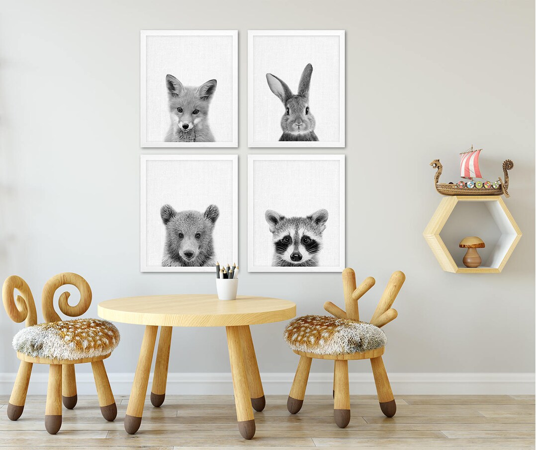 Woodland Nursery Decor, Baby Animals Print Set of 4, Bunny Fox Bear ...