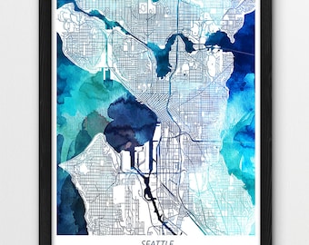May include: A watercolor map of Seattle, Washington, with a blue and green color scheme. The map shows the city's streets and waterways. The word "SEATTLE" is printed in black at the bottom of the map.