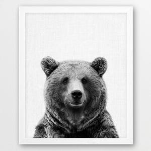Bear Print, Brown Bear Photo Print, Woodlands Forest Animals Art, Nursery Wall Art, Black White Photography, Kids Room Printable Decor Art