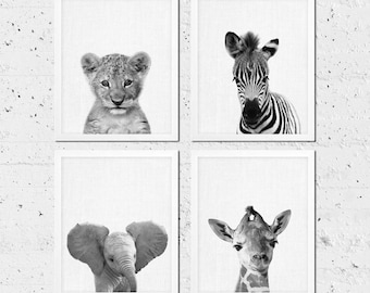 Safari Animals Nursery Decor, Animals Print Set of 4, Baby Lion Elephant Giraffe Zebra, African Animals, Black White Modern Printable Art