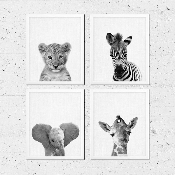 Safari Animals Nursery Decor, Animals Print Set of 4, Baby Lion Elephant Giraffe Zebra, African Animals, Black White Modern Printable Art