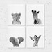 Safari Animals Nursery Decor, Animals Print Set of 4, Baby Lion Elephant Giraffe Zebra, African Animals, Black White Modern Printable Art 