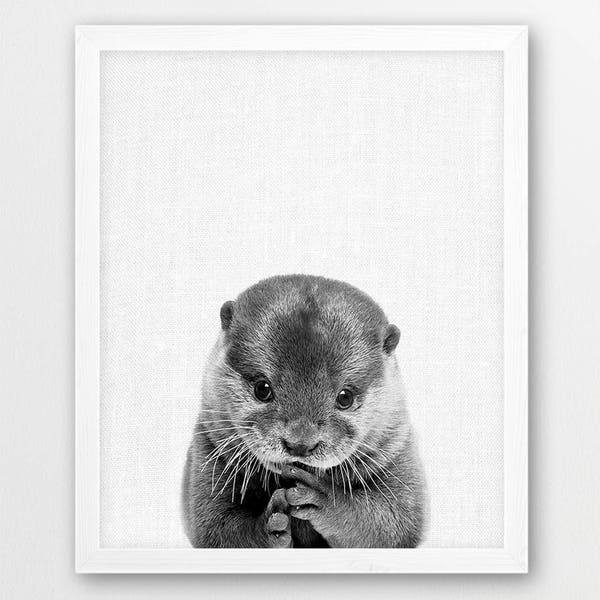 Otter Print, Cute Otter Baby Photo, Woodlands Animals Black White Photography, Nursery Baby Shower Wall Gift Art, Kids Room Printable Decor