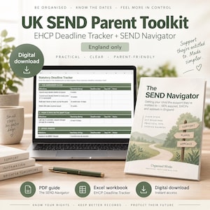 May include: A digital UK SEND Parent Toolkit featuring an EHCP Deadline Tracker on a laptop screen and a printed guide titled The SEND Navigator. The guide displays a path illustration with signs for support, plans, and appeals. Includes a pen.