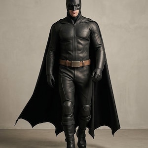 Pode incluir: Um traje de corpo inteiro em couro preto com um casaco justo com fecho frontal, calças a condizer com proteção nos joelhos, uma capa longa e fluida e uma máscara pontiaguda. Um cinto de couro castanho com fivela retangular na cintura.