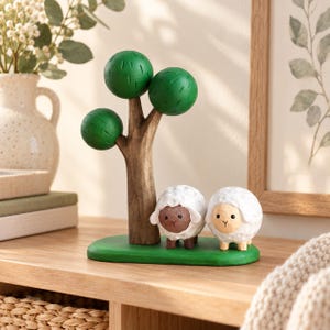 Hand Carved Wooden Sheep Figurine, Hand-Painted Farm Animal Sculpture, Rustic Desk Decor