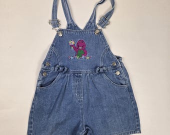 Peto corto vaquero vintage de los 90 de Barney, talla 4T para niños, estilo retro de dibujos animados.
