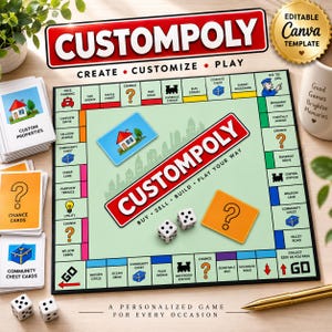 May include: A board game titled Custompoly with a light green playing surface, red and white logo, two white dice, stacks of orange and blue cards, and a gold seal stating Editable Canva Template. The board features property names, train icons, and question marks.