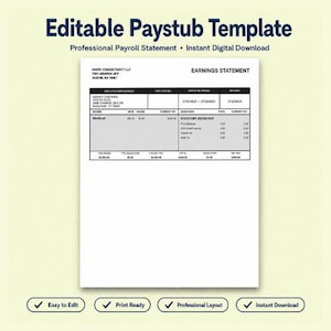 Könnte beinhalten: Eine bearbeitbare Gehaltsabrechnungsvorlage mit dem Text Editable Paystub Template und Professional Payroll Statement. Das Formular enthält Abschnitte für Mitarbeiterinformationen, Verdienste, gesetzliche Abzüge und Nettobeträge in schwarzer Schrift.