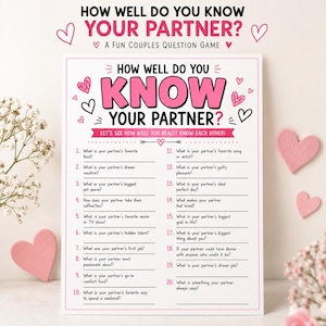 Può includere: Una carta da gioco rettangolare bianca intitolata How Well Do You Know Your Partner? con testo rosa e nero, venti domande numerate su un partner e illustrazioni decorative di cuori con contorni rosa e neri.