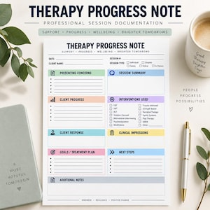 May include: A white Therapy Progress Note document featuring sections for presenting concerns, client progress, session summary, interventions, and goals. The form includes checkboxes for session type and interventions, with colourful headers and black text.