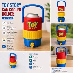 May include: A Toy Story themed can cooler holder featuring a red, yellow, and blue design with a blue handle and a yellow spigot. The cylindrical container holds a standard 12oz can and is composed of three stackable sections with the Toy Story logo.