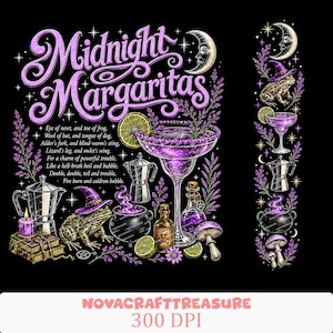 May include: A graphic design featuring the text Midnight Margaritas, a purple cocktail in a glass, a toad wearing a witch hat, a steaming cauldron, a moka pot, a skull-labeled bottle, mushrooms, and lavender sprigs against a black background.