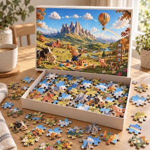 May include: A jigsaw puzzle box and loose pieces on a wooden table. The box lid displays a colorful illustration of a child playing in a meadow with a cow, pig, dog, and chicken, set against a mountain landscape with a hot air balloon.