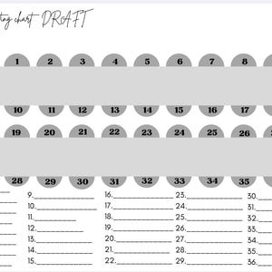 May include: A wedding seating chart draft template featuring two long gray rectangular tables with nine numbered gray circles on each side, totaling thirty-six seats. Below the table diagrams are thirty-six numbered lines for guest names.