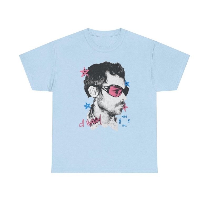 Harry Styles Shirt,Kiss All The Time Graphic Tee,Disco Occasionall Inspired Tee Double Sided Shirt,Concert Fan Gift,Unisex Vintage Style Tee Light Blue