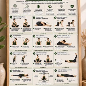 May include: A framed educational poster titled 12 BEST STRESS RELIEF EXERCISES, featuring illustrations of yoga poses and breathing techniques. The white chart includes numbered instructions, icons, and text explaining benefits for mind and body.