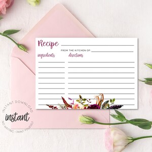 Rezept-Karten-Vorlage, gut wünscht für Braut, Brautparty, Hochzeitsdusche; Sofort Download, DIY, Floral, Boho, Grün