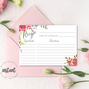 Rezept-Karten-Vorlage, gut wünscht für Braut, Brautparty, Hochzeitsdusche; Sofort Download, DIY, Floral, Boho, Grün