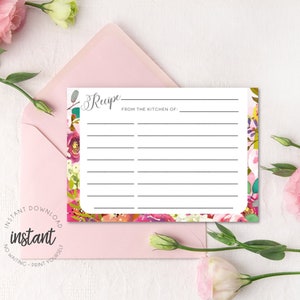 Rezept-Karten-Vorlage, gut wünscht für Braut, Brautparty, Hochzeitsdusche; Sofort Download, DIY, Floral, Boho, Grün