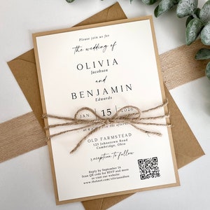 QR Code - Printed Rustic Wedding Invitation with Twine, Ivory with Kraft Matting Wedding Invite, Farmhouse | Shabby Chic | Modern Wedding