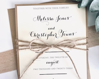 Printed Rustic Wedding Invitation with Twine, Ivory with Kraft Matting Wedding Invite, Farmhouse Wedding | Shabby Chic | Twine | Burlap