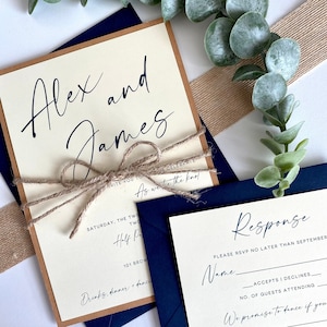 Printed Rustic Navy Blue Wedding Invitation with Twine, Modern Font, Ivory with Kraft Matting Wedding Invite | Modern Farmhouse