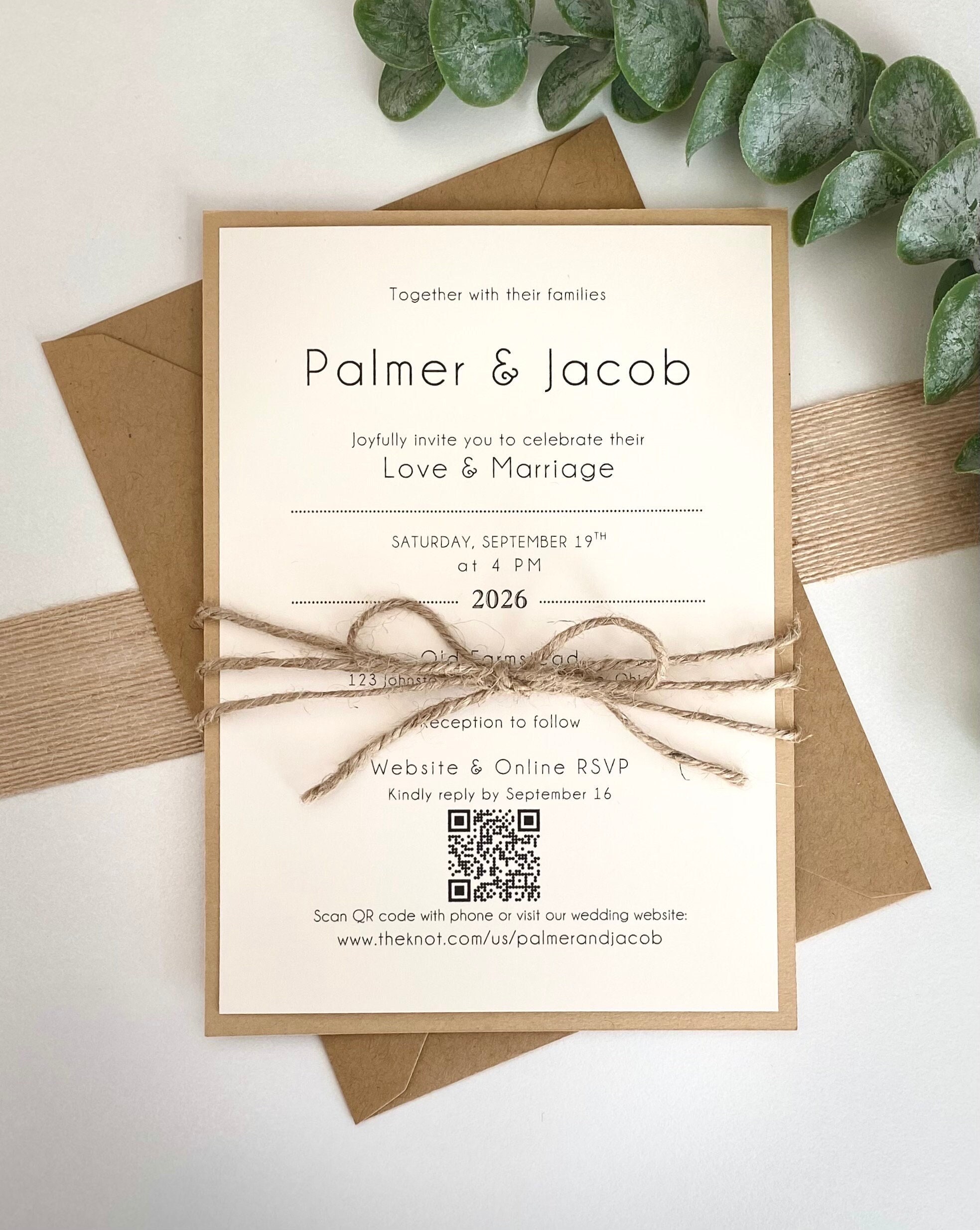 QR Code Printed Rustic Wedding Invitation With Twine, Ivory With - Main Image